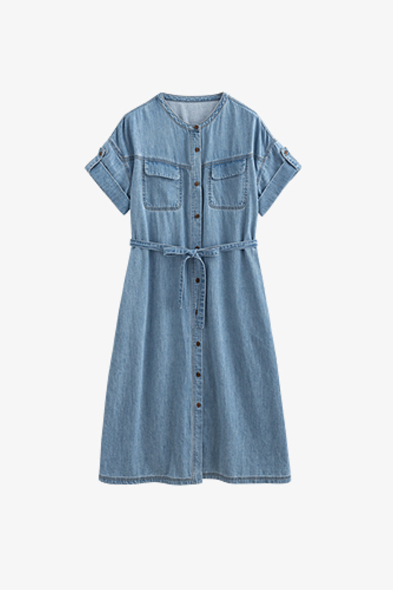 Denim Short-Sleeve Button-Up Belted Midi Shirt Dress with Back Slit