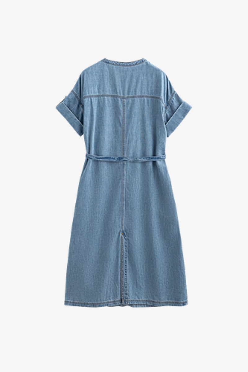 Denim Short-Sleeve Button-Up Belted Midi Shirt Dress with Back Slit