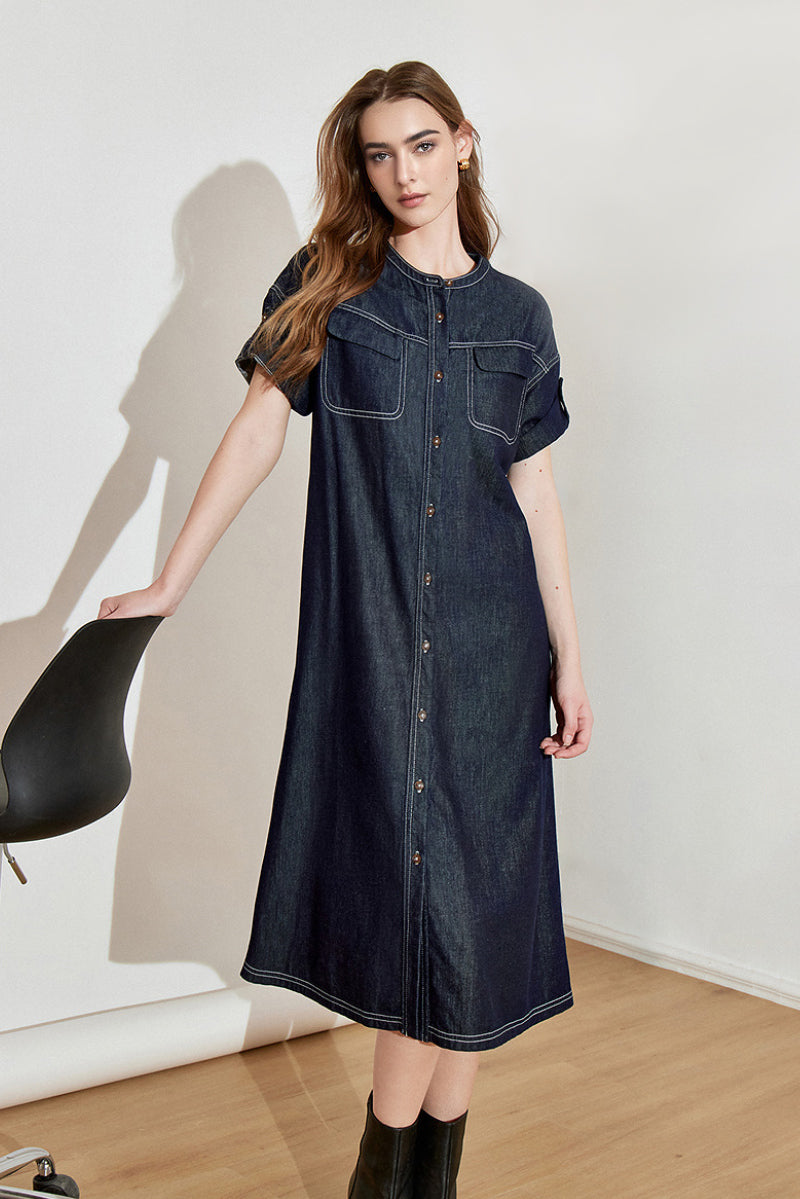 Denim Short-Sleeve Button-Up Belted Midi Shirt Dress with Back Slit