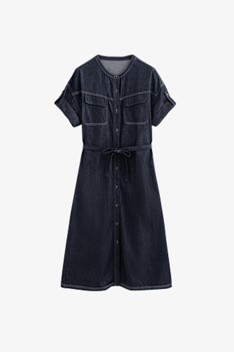Denim Short-Sleeve Button-Up Belted Midi Shirt Dress with Back Slit
