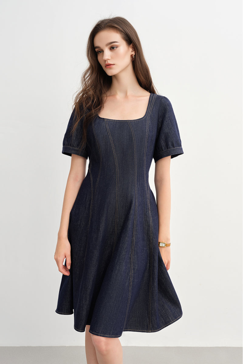 Denim Short-Sleeve A-Line Knee-Length Dress