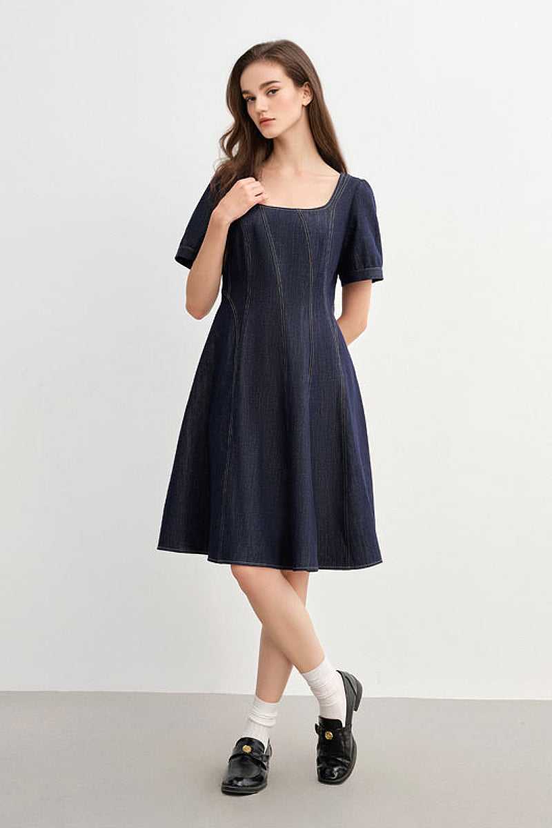 Denim Short-Sleeve A-Line Knee-Length Dress