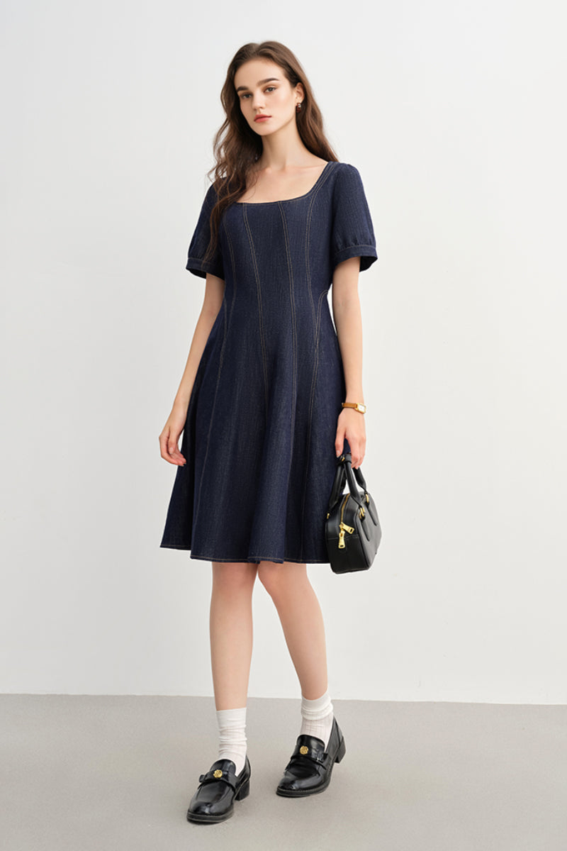 Denim Short-Sleeve A-Line Knee-Length Dress