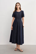 Denim Short-Sleeve A-Line Midi Dress