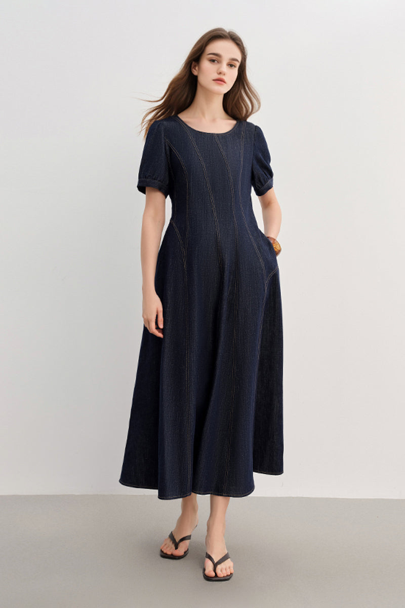 Denim Short-Sleeve A-Line Midi Dress