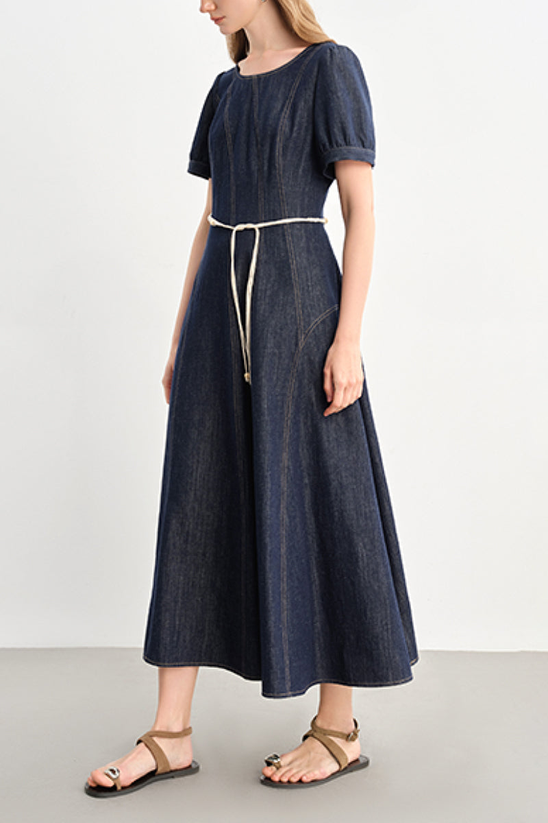 Denim Short-Sleeve A-Line Midi Dress