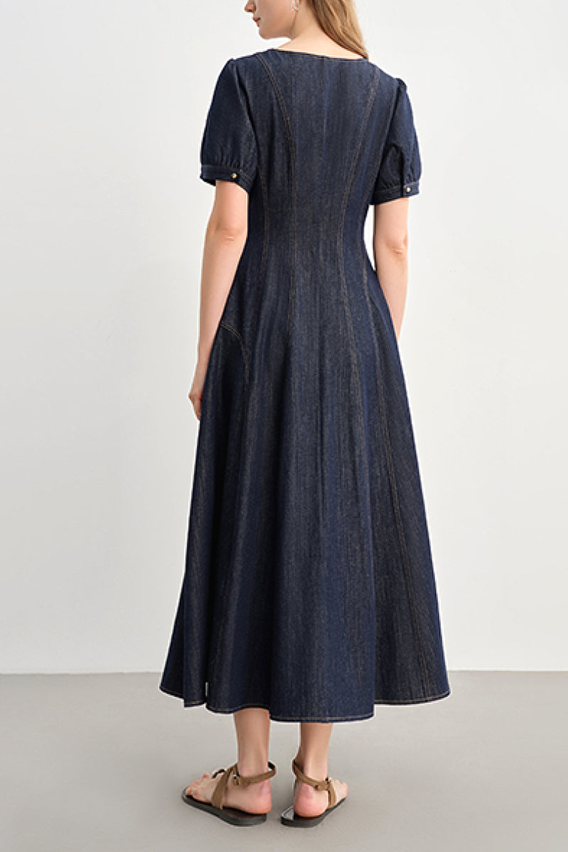Denim Short-Sleeve A-Line Midi Dress
