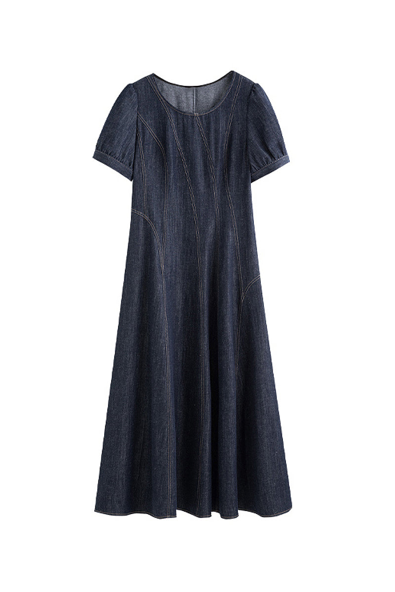 Denim Short-Sleeve A-Line Midi Dress