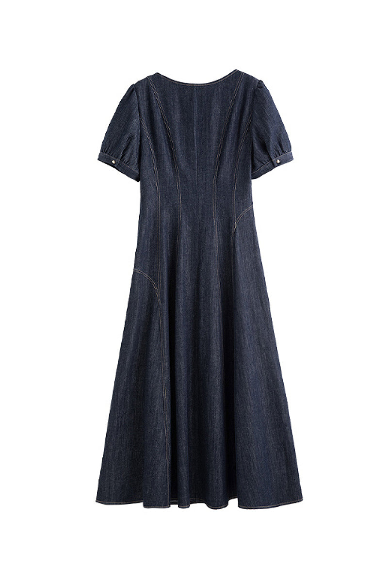 Denim Short-Sleeve A-Line Midi Dress