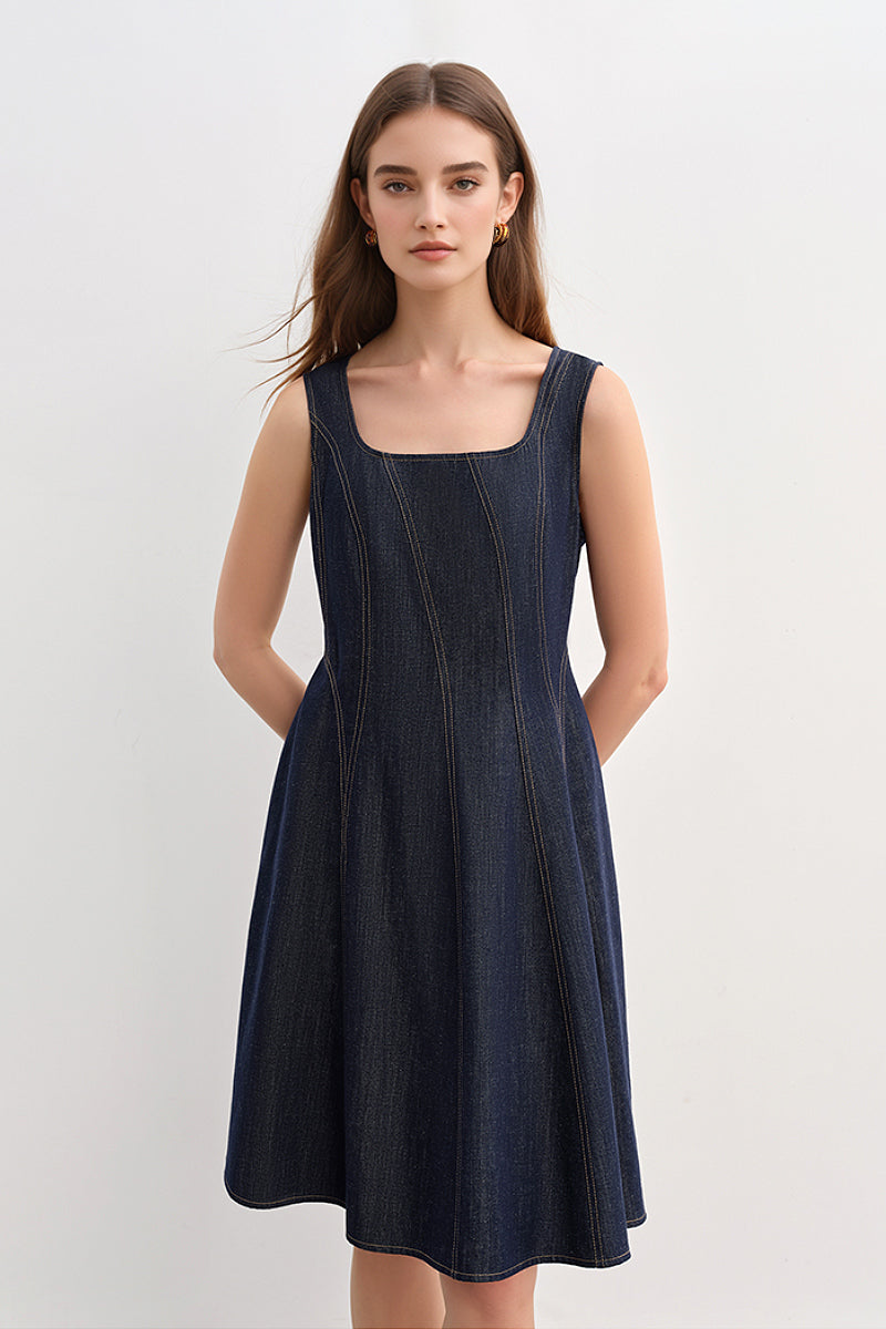 Denim Sleeveless A-Line Knee-Length Dress