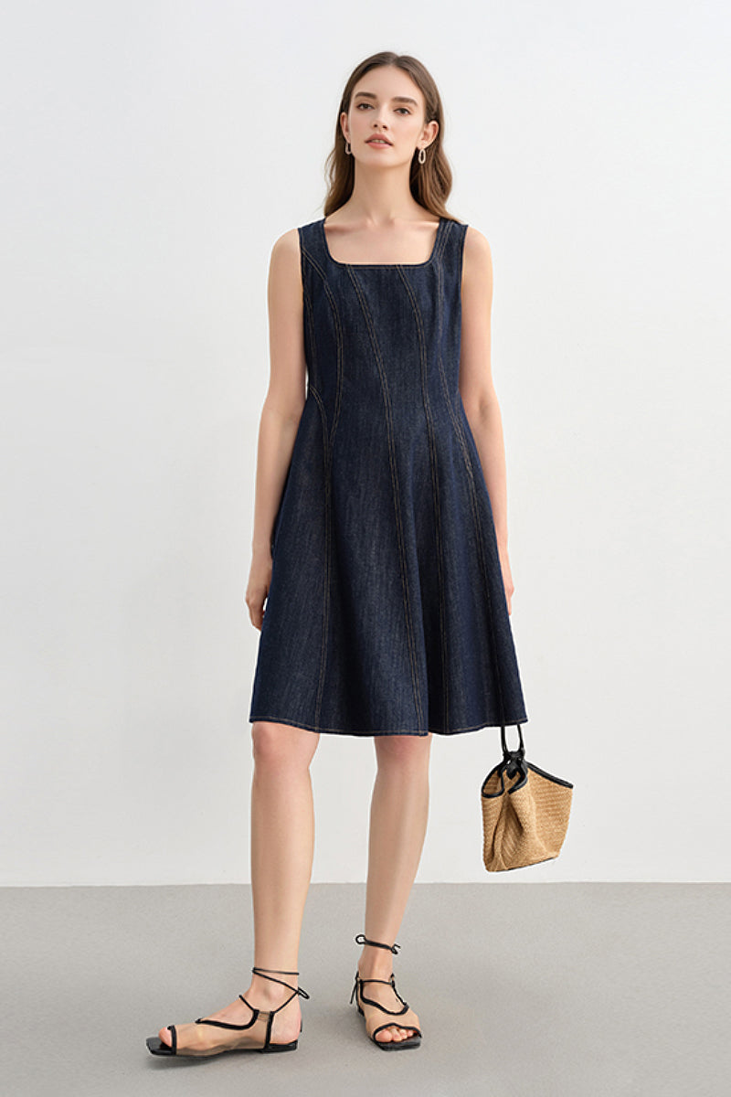 Denim Sleeveless A-Line Knee-Length Dress