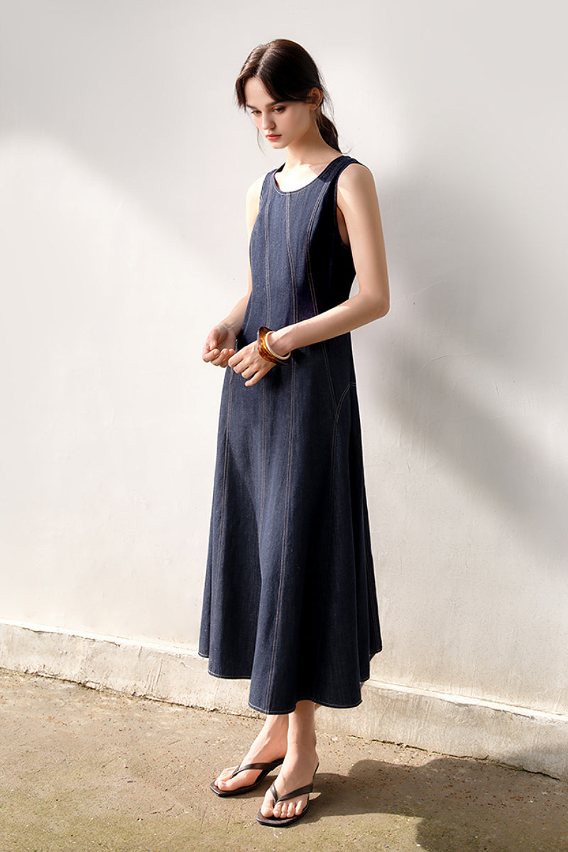 Denim Sleeveless A-Line Midi Dress