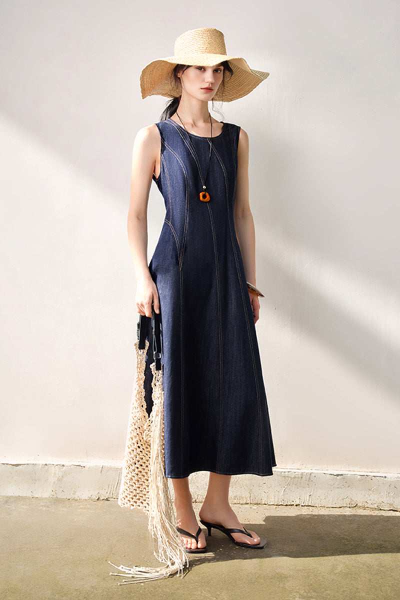 Denim Sleeveless A-Line Midi Dress