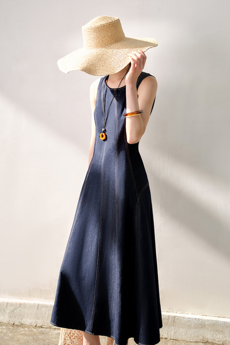 Denim Sleeveless A-Line Midi Dress