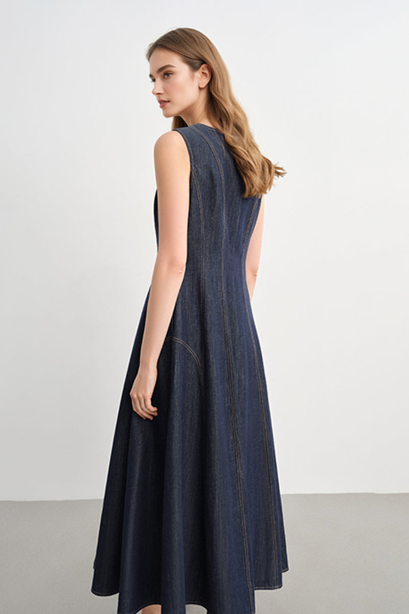 Denim Sleeveless A-Line Midi Dress