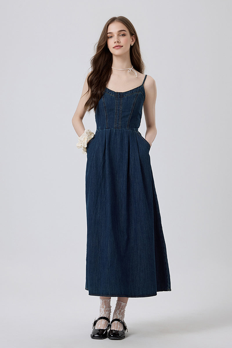 Denim Spaghetti-Strap Midi Dress With Pockets