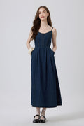 Denim Spaghetti-Strap Midi Dress With Pockets