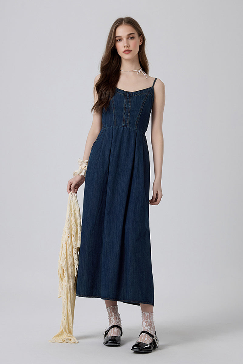 Denim Spaghetti-Strap Midi Dress With Pockets