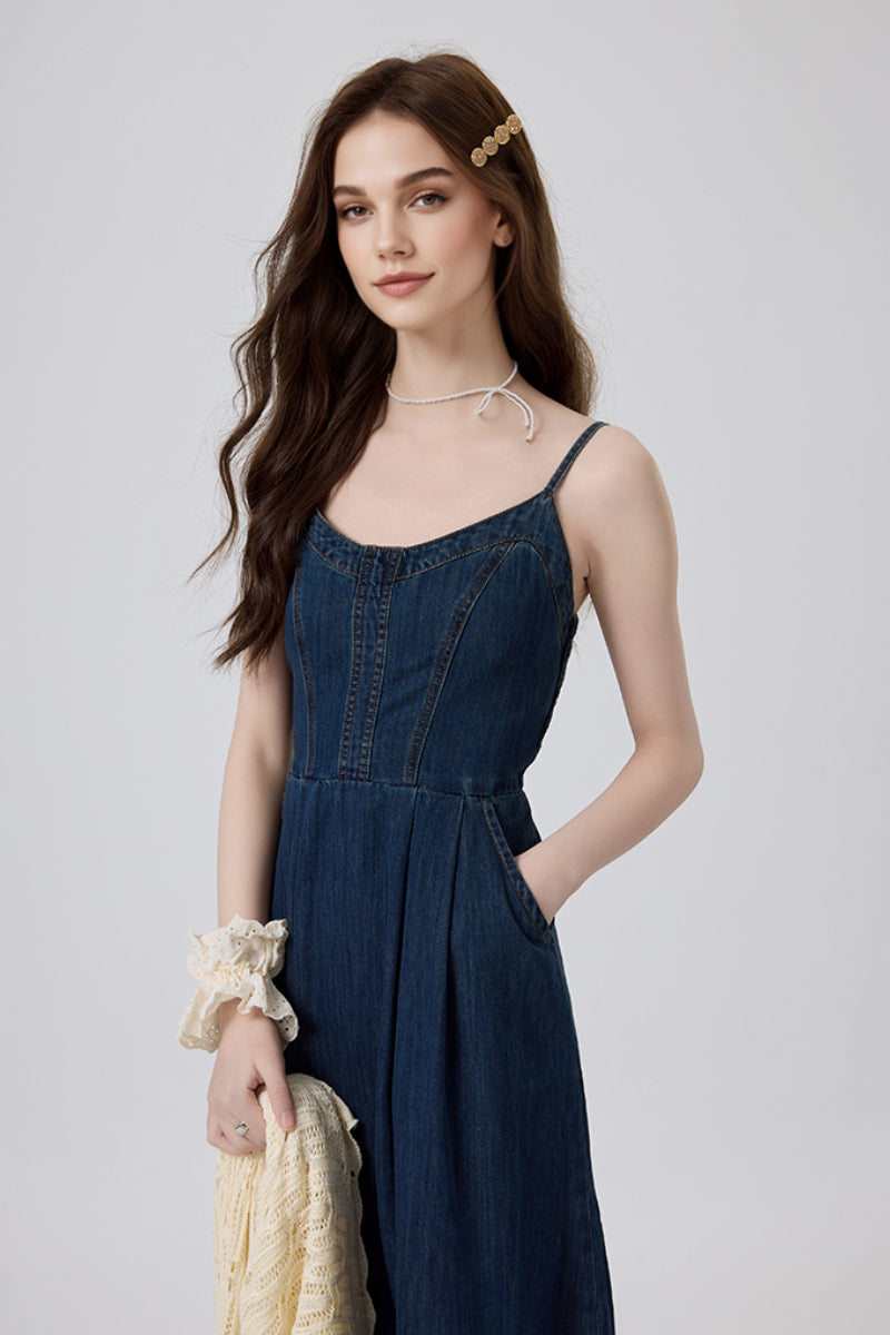 Denim Spaghetti-Strap Midi Dress With Pockets