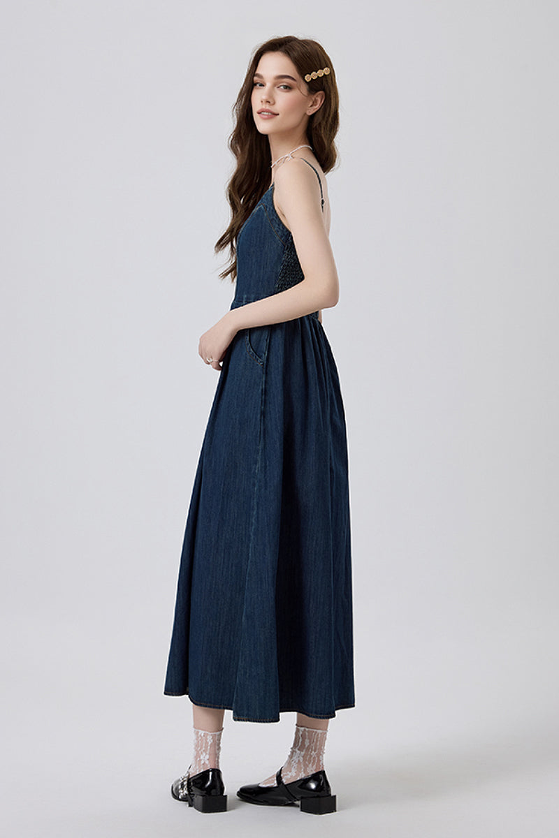 Denim Spaghetti-Strap Midi Dress With Pockets