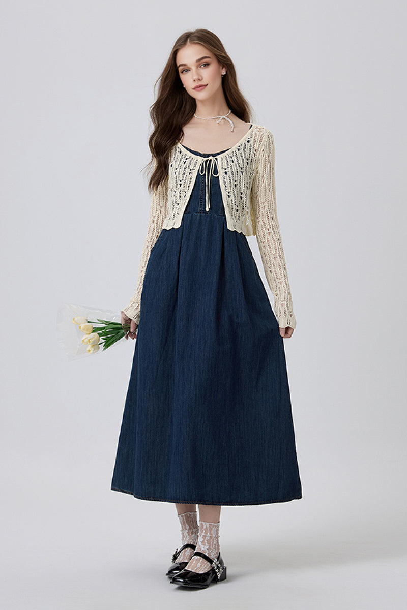 Denim Spaghetti-Strap Midi Dress With Pockets