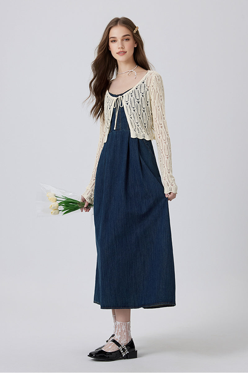 Denim Spaghetti-Strap Midi Dress With Pockets