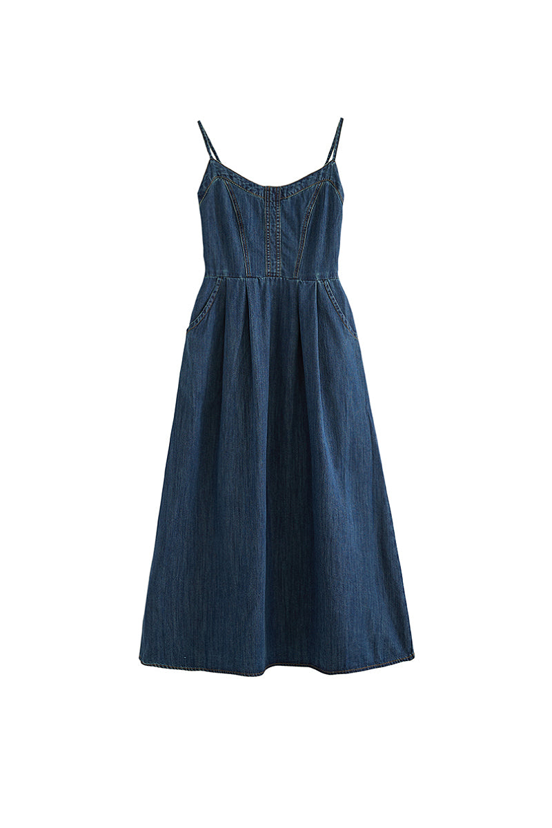 Denim Spaghetti-Strap Midi Dress With Pockets