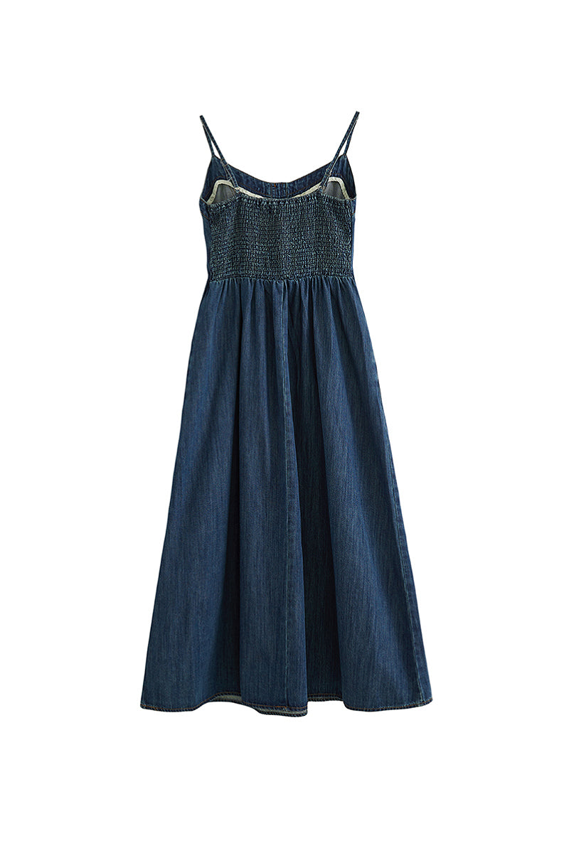 Denim Spaghetti-Strap Midi Dress With Pockets