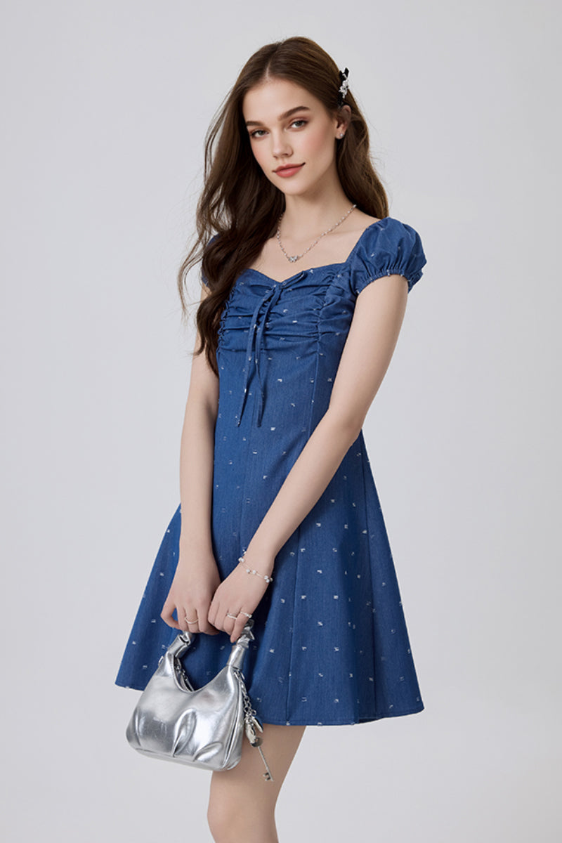 Denim Puff-Sleeve Tie-Front Lightly Distressed Mini Dress
