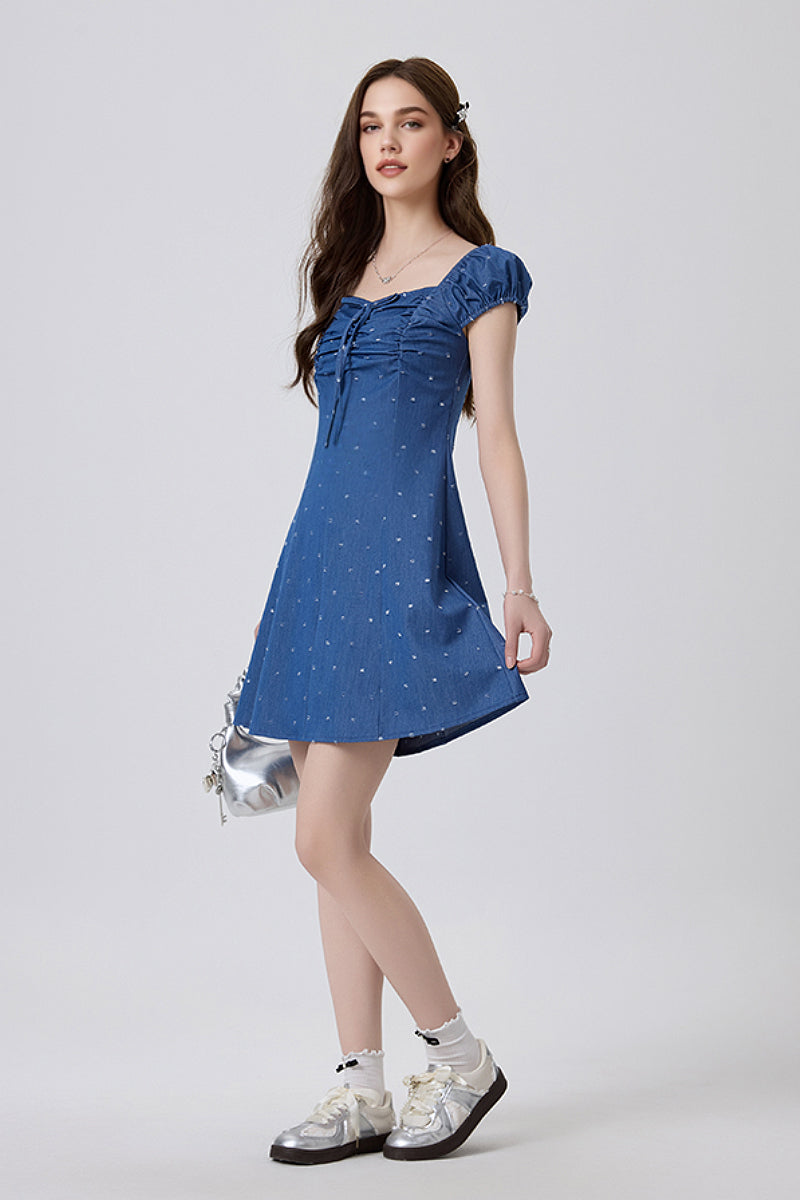 Denim Puff-Sleeve Tie-Front Lightly Distressed Mini Dress