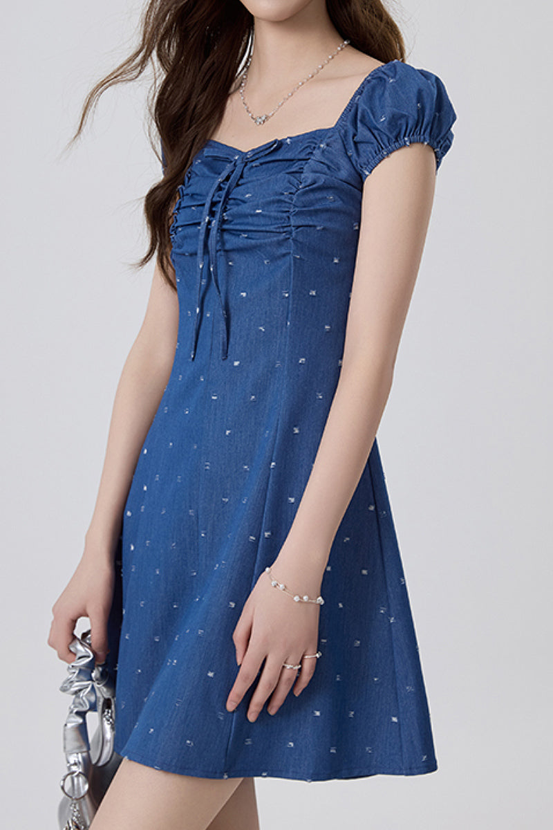 Denim Puff-Sleeve Tie-Front Lightly Distressed Mini Dress