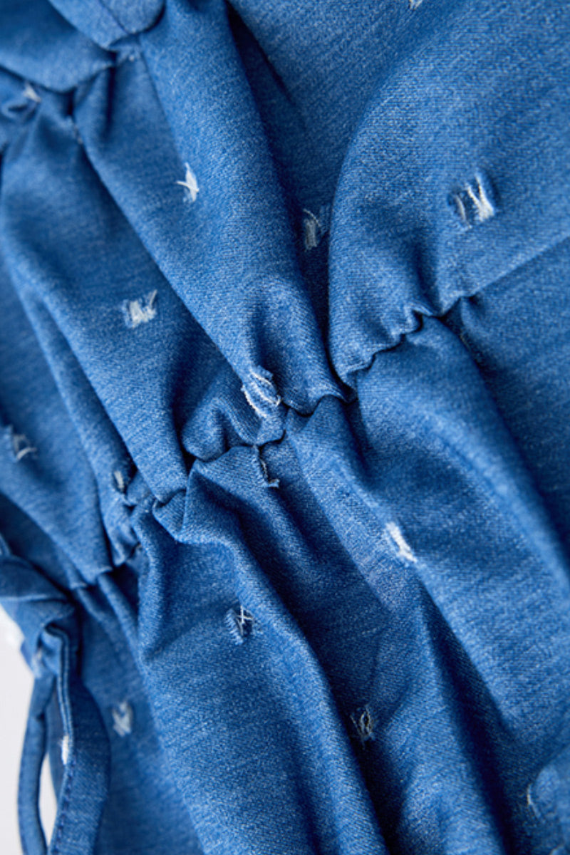 Denim Puff-Sleeve Tie-Front Lightly Distressed Mini Dress