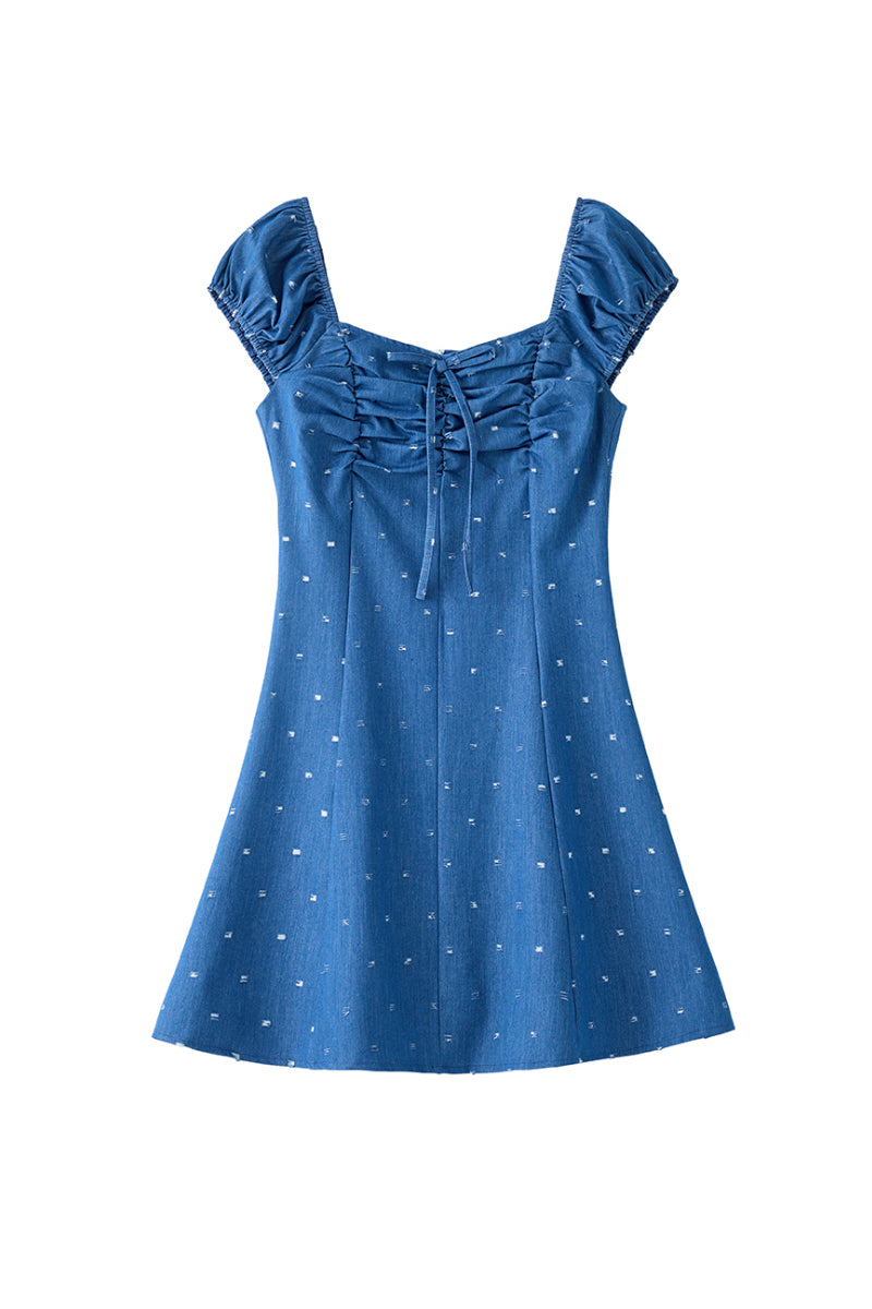 Denim Puff-Sleeve Tie-Front Lightly Distressed Mini Dress