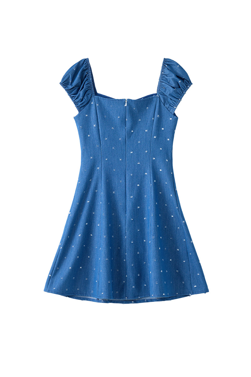 Denim Puff-Sleeve Tie-Front Lightly Distressed Mini Dress