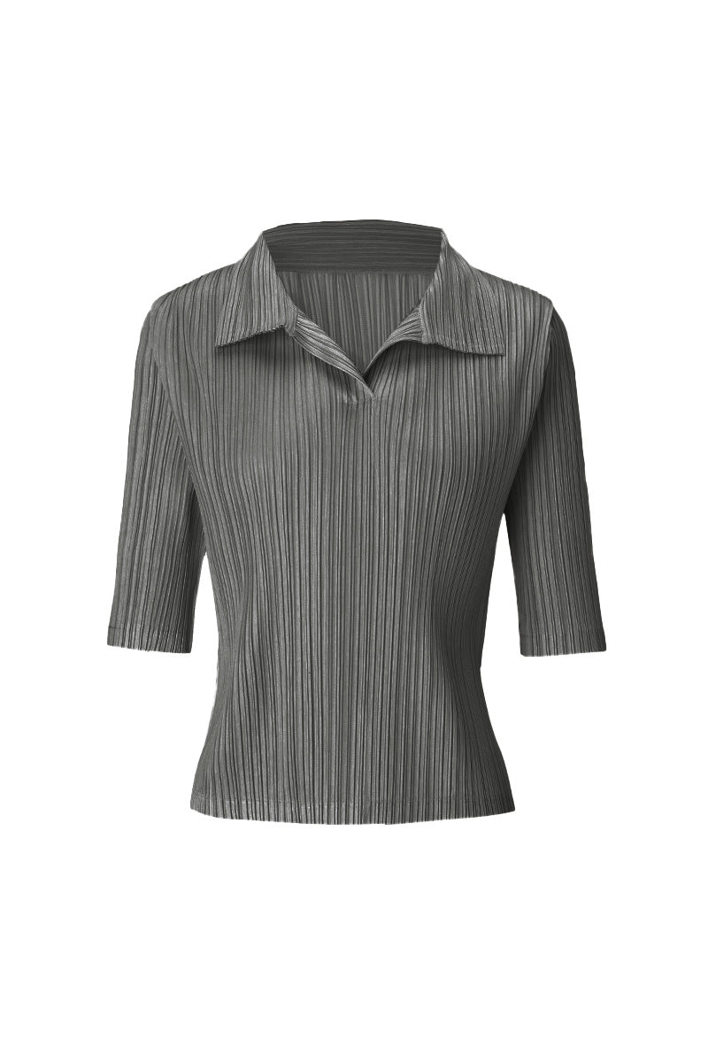 Designer-Inspired Pleated Elbow-Sleeve Polo Shirt
