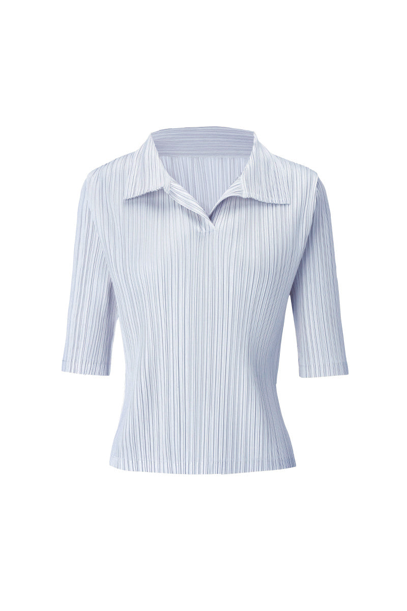 Designer-Inspired Pleated Elbow-Sleeve Polo Shirt
