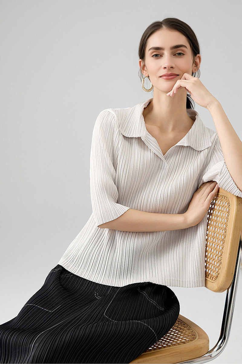 Designer-Inspired Pleated Elbow-Sleeve Polo Shirt