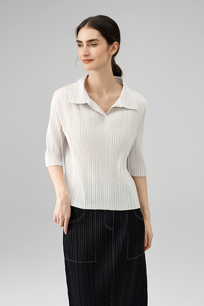 Designer-Inspired Pleated Elbow-Sleeve Polo Shirt