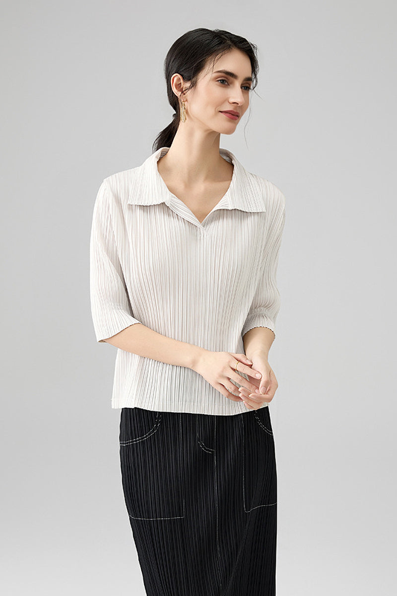 Designer-Inspired Pleated Elbow-Sleeve Polo Shirt