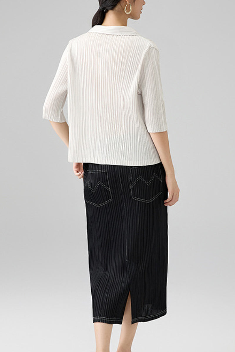 Designer-Inspired Pleated Elbow-Sleeve Polo Shirt