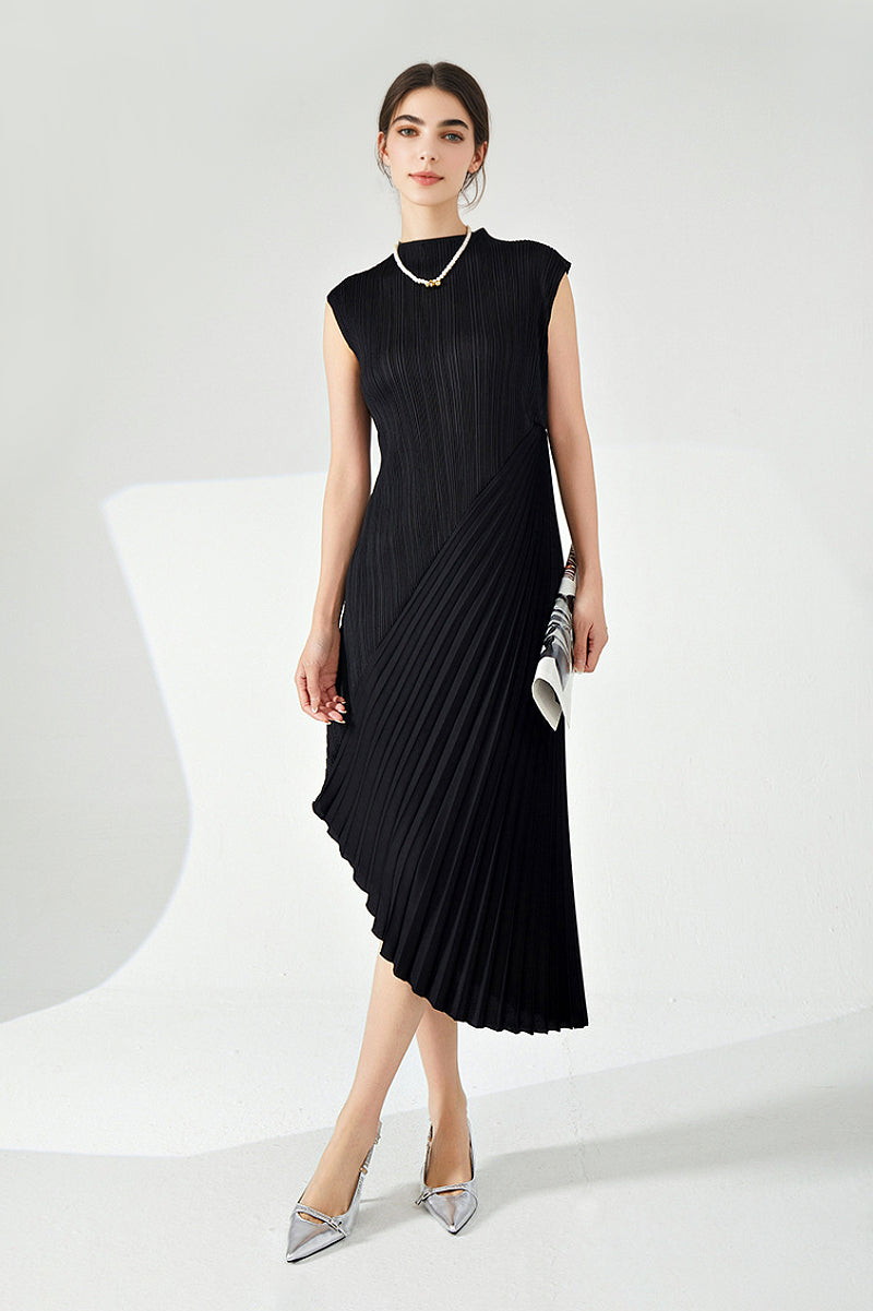 Designer Inspired Pleated Asymmetrical Sleeveless Midi Dress