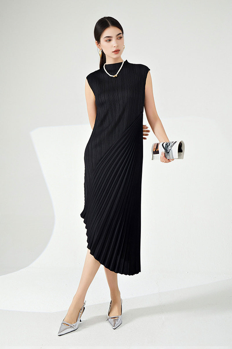 Designer Inspired Pleated Asymmetrical Sleeveless Midi Dress