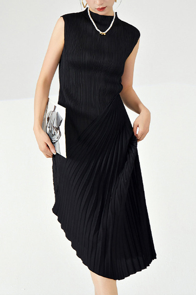 Designer Inspired Pleated Asymmetrical Sleeveless Midi Dress