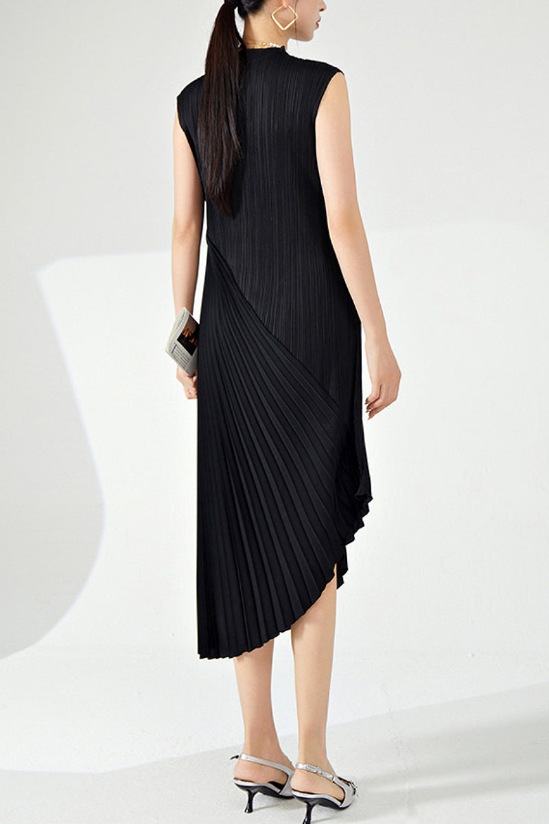 Designer Inspired Pleated Asymmetrical Sleeveless Midi Dress