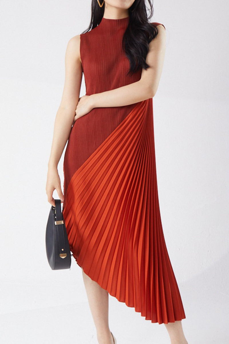 Designer Inspired Pleated Asymmetrical Sleeveless Midi Dress