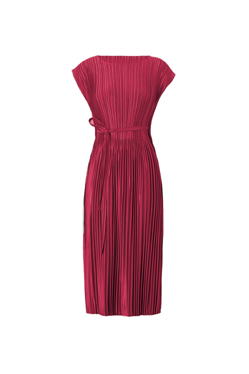 Designer Inspired Pleated Cap-Sleeve Dress with Belt