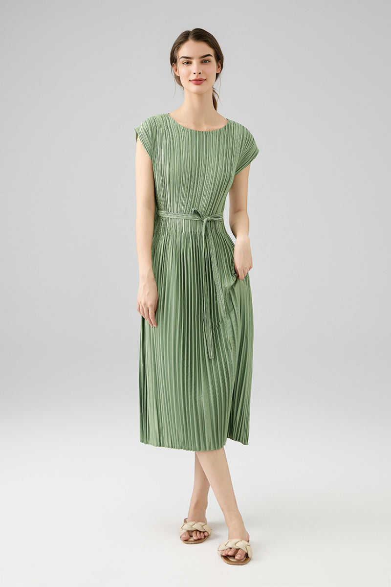 Designer Inspired Pleated Cap-Sleeve Dress with Belt