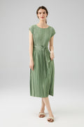 Designer Inspired Pleated Cap-Sleeve Dress with Belt