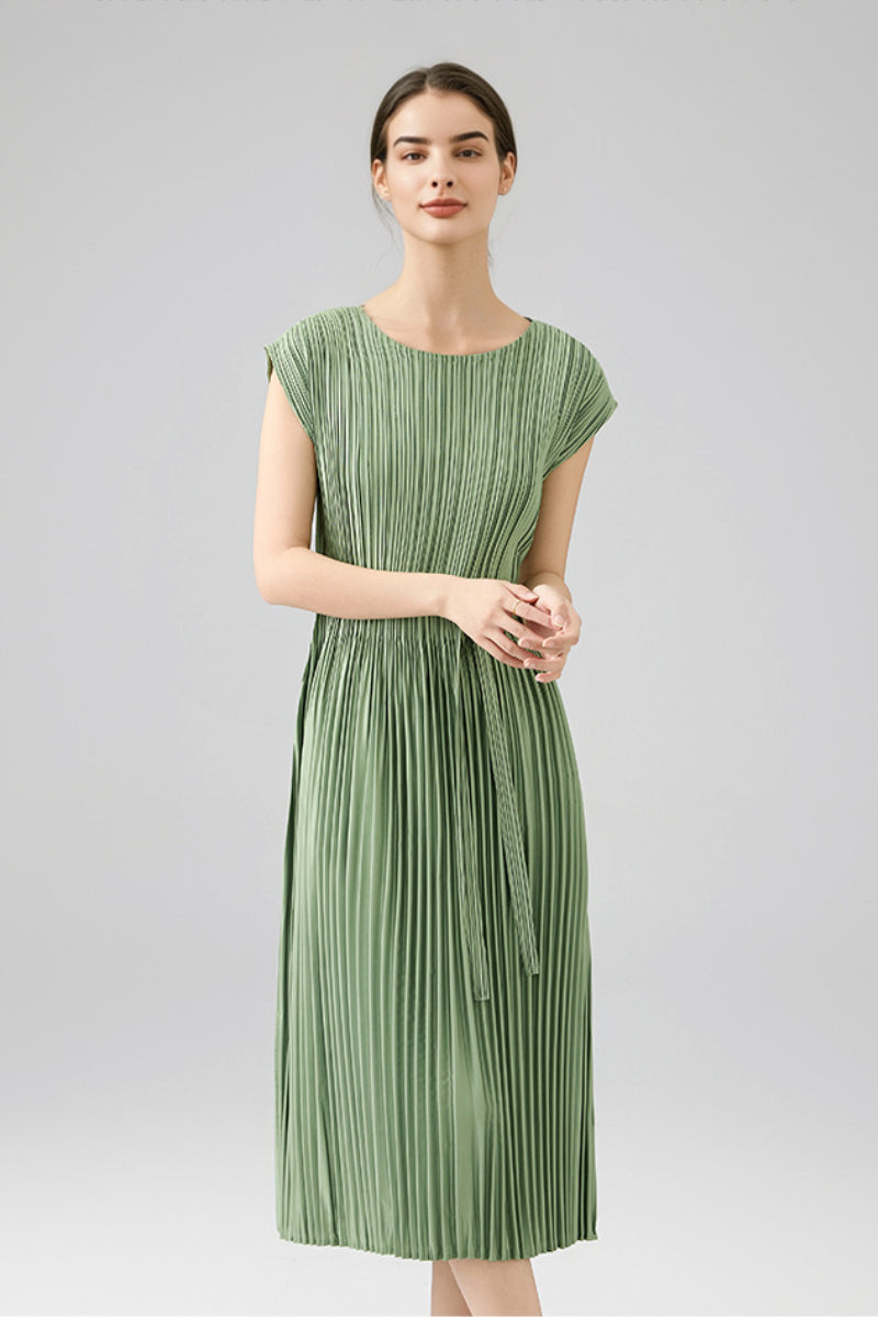 Designer Inspired Pleated Cap-Sleeve Dress with Belt