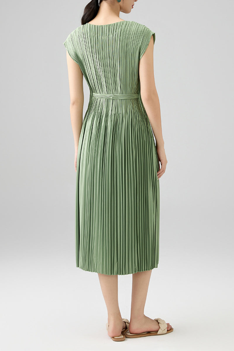 Designer Inspired Pleated Cap-Sleeve Dress with Belt